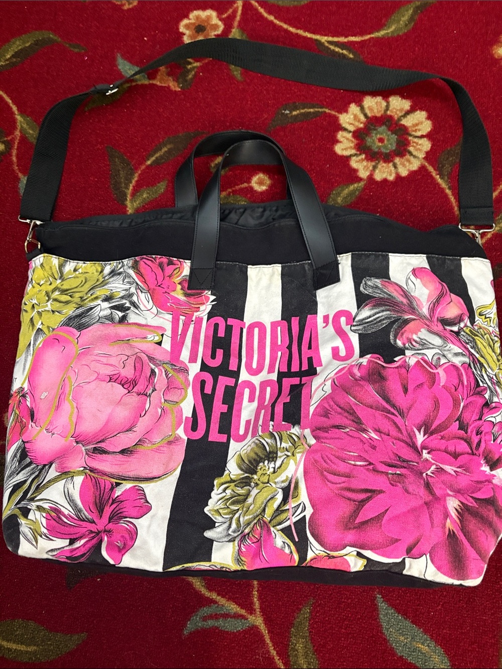 Victoria's Secret Black & Hot Pink Floral Stripe Tote